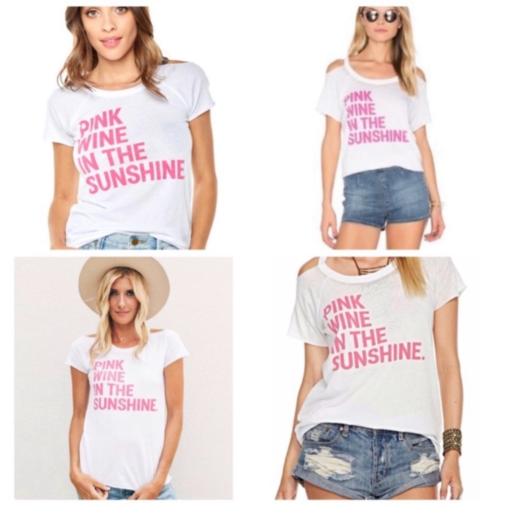 Chaser Pink Wine in the Sunshine White Short Sleeve Col a shoulder Tee